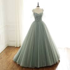 Luxury Gorgeous Sage Green Prom Dresses 2019 A Line Princess Spaghetti Straps Short Sleeve Glitter Beading Sequins Sweep Train Backless Ruffle Formal Dresse Long Gown For Wedding Green Prom Dress Formal Dresses