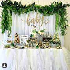 Once you have your theme chosen you this is more than a list of baby shower themes. White And Green Natural Baby Shower Or Bridal Shower Party Ideas White Tutu Table Cloth Whi Nature Baby Shower Creative Baby Shower Baby Shower Safari Theme