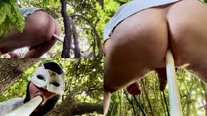 Anal play in the woods - fucking a long toy outdoor - ass to mouth in nature