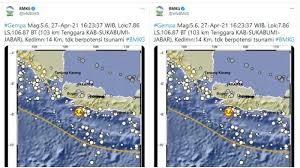 Bmkg mengumumkan gempa bumi tersebut berkekuatan magnitudo 4.9 sr. Gempa Magnitudo 5 6 Guncang Sukabumi Jawa Barat Dirasakan Hingga Bogor Tribunnews Com Mobile