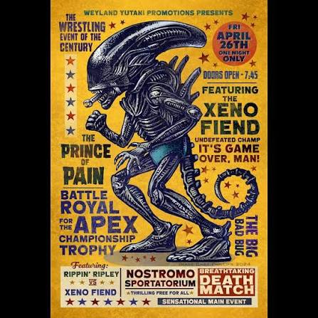 Opening tonight at @guzugallery in Austin: “We Shall Be Monsters” art show.  My contributions are a pair of wrestling styled posters representing “The  Phantom Hunter” and “Xeno Fiend.” #alien #predator #monster #halloween #
