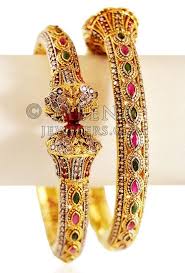 22k Gold Antique Kada 2 Pc Precious Stone Bangles Gold Jewellery Design Necklaces Gold Bangles Design Bangles Jewelry Designs