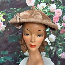 50s Brown Mohair Wool Hat Rhinestone Dangle
