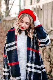 Navy Plaid Coat White Skinny Jeans White Jeans In Winter White Clutch Red Beret Winter O Festival Outfits Winter Fashion Casual Red And White Outfits