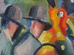 Das bild zeigt einen zoo, in dem sich menschen und tiere begegnen. Macke