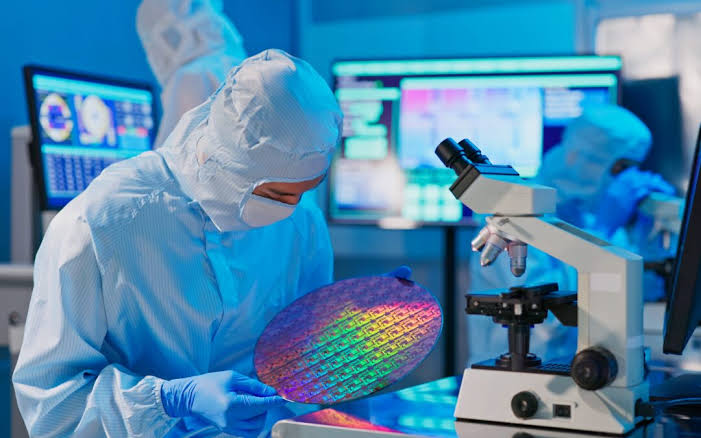 Highly precise silicon wafer production inside a specialized microchip manufacturing facility, AI generated