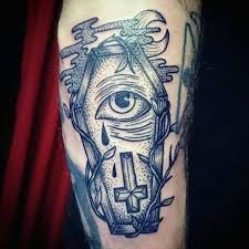 Pix for > antichrist cross tattoo liked on polyvore featuring accessories and body art. Old Style Coffin With Crying Eye And Inverted Cross Tattoo Tattooimages Biz