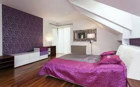 Primary bedroom with light purple ceiling, walls and valiance. Accent Wall Ideas Interior Designs Purple Bedrooms Feature Wall Bedroom Attic Bedroom Designs