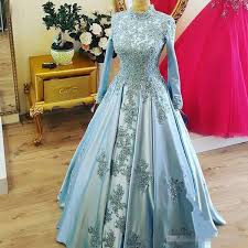 Mulsim Light Sky Blue Satin Arabic Dubai Evening Dresses Applique High Neck Plus Size Party Dress Prom Wear Formal Pageant Celebrity Gowns Ignite