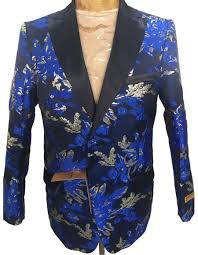 Boys 3 piece dark navy/black satin shawl collar floral pattern tuxedo set with free matching shirt & bow tie. Men S Navy Blue Floral Pattern Blazer