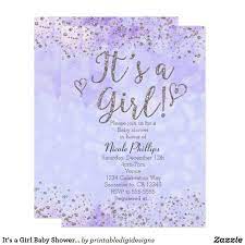 It S A Girl Baby Shower Purple Silver Invitation Zazzle Com Baby Shower Purple Lavender Baby Showers Baby Shower Princess