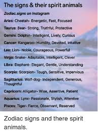 Apr 10, 2021 · spirit animal: The Signs Their Spirit Animals Zodiacsigns On Instagram Aries Cheetah Energetic Fast Focused Taurus Bear Strong Truthful Protective Gemini Dolphin Intelligent Lively Curious Cancer Kangaroo Humility Devoted Intuitive Leo Lion Noble