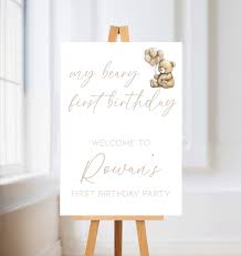 Bear Theme First Birthday Sign Paper Poster, Beige Bear Sign, Welcome Sign,  Personalised Sign, My Beary First Birthday Decor, Unisex