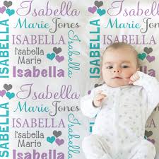 Personalized Hearts Baby Blanket, Baby Name Blanket Purple and Aqua Hearts,  Pretty Baby Girl Swaddle, Newborn Gift With Hearts and Name