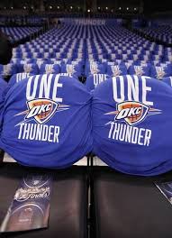 Thunder Shirts Line The Seats For Game 1 Of The Nba Finals Between The Oklahoma City Thunder And Okc Thunder Basketball Oklahoma City Thunder Thunder Oklahoma