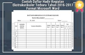 .aplikasi absensi siswa untuk sd smp sma bisa di unduh di link di bawah , contoh absensi siswa. Contoh Daftar Hadir Kegiatan Ekstrakurikuler Terbaru Tahun 2016 2017 Format Microsoft Word Blog Edukasi