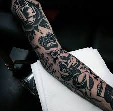 Black And Gray Tattoo Sleeve Ideas Mens Black Ink Old School Traditional Sleeve Tattoo Traditional Tattoo Sleeve Traditional Black Tattoo Black Ink Tattoos