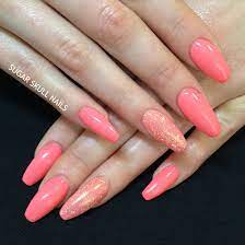 Coral And Glitter On Coffin Nails Coral Nails Glitter Coral Nails Coral Acrylic Nails