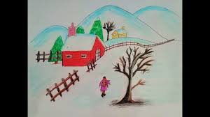 Once all 4 pictures have been drawn, point at the first picture and ask when does the tree look like this?. Easy Winter Season Scenery Drawing For Kids Hill Station Scenery Snowfall Scenery Drawing Youtube