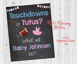 This custom 5x7 inch invite from kebcreative is for a football themed gender reveal party. Touchdowns Or Tutus Welcome Sign Gender Reveal Party Decorations Gender Reveal Themes Gender Party