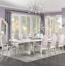 Wooden dining table set w/6 faux leather chair seat kitchen furniture grey&white. Celestia 7 Piece Dining Room Set In Fabric Off White Finish By Acme 62110