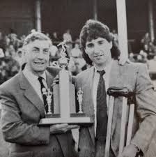 Andy Dornan receives his Player of the Year award for the dismal 1988/89  campaign. That year the crutches were an extra treat.
