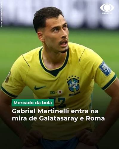 NA MIRA! 👀🇧🇷 Gabriel Martinelli despertou o interesse de Galatasaray e Roma e pode deixar o Arsenal nesta janela de transfer&ecirc;ncias. Segundo o talkSPORT, o clube turco j&aacute; buscou informa&ccedil;&otilde;es sobre uma