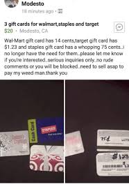Cities & states more occasions & themes target giftcards are solely for use at target stores and on target.com. Modesto 18 Minutes Ago 3 Gift Cards For Walmartstaples And Target 20 Modesto Ca Wal Mart Gift Card Has 14 Centstarget Gift Card Has 123 And Staples Gift Card Has A Whopping 75