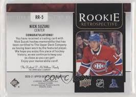 Player overview & base stats. 2020 21 Upper Deck Rookie Retrospective Jersey Memorabilia Rr 5 Nick Suzuki