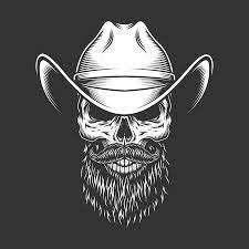 Monochrome Skull In Cowboy Hat With Beard And Mustache In Vintage In 2021 Skull Illustration Skull Pictures Skull Art