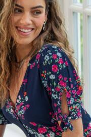 Bella Fuller Bust Slinky Stretch Tie Sleeve Tea Dress in Navy Mix