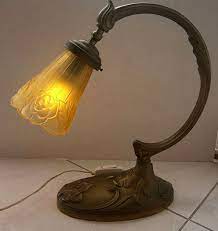 Franklin iron works mid century modern table lamp wood bronze metal shade for living room family bedroom bedside nightstand office. Bronze Desk Lamp With A Glass Shade Early 1900s Belgium Catawiki