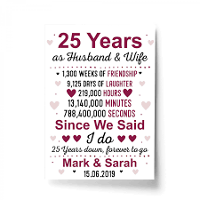Here are some gifts you can consider for her. 25th Wedding Anniversary Gift Wife Husband Personalised