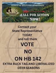 The League of Kentucky Sportsmen is opposed to House Bill 142 sponsored by  State Representatives Myron Dossett and Michael Sarge Pollock. Dossett  represents Christian County. Pollock represents Marion and Taylor Counties.  Both