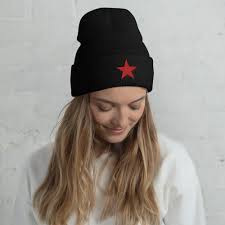 Embroidered Cuffed Beanie Five Point Star Beanie Black Etsy Red Star Unisex Fashion Beanie