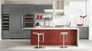Gray Cabinets with a Red Kitchen Island - Omega Cabinetry