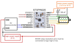 How to wire a high and low votage motor : Pololu Stspin220 Low Voltage Stepper Motor Driver Header Pins Soldered