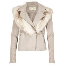 River Island Stone Faux Fur Collar Biker Jacket 80 Liked On Polyvore Featuring Outerwear Jacket Cream Leather Jacket Pink Biker Jacket Winter Coats Women