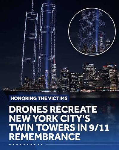 A drone show featuring 2,977 lights – one for each victim of the 9/11 attacks – made an outline of the twin towers in New York City to honor the victims. http://www.wesh.com/article/new-york-city-sept-11-commemoration- display/73669293
