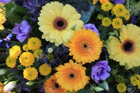 Blue and yellow flowers for wedding. Flower Arrangement For A Wedding In Yellow Blue And Orange Stock Photo Picture And Royalty Free Image Image 133096474