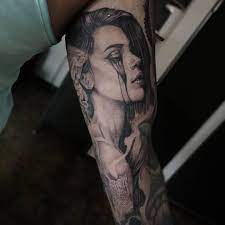 Session Two Of An Half Sleeve Tattoo Project Black And White Woman Face Tattoo With Blac Unique Half Sleeve Tattoos Sleeve Tattoos Half Sleeve Tattoos Designs