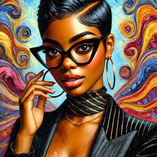 LETS SEE YOUR CREATION create a 4k digital illustration, acrylic oil  painting airbrushed image of a confident elegant Black woman from the  shoulders up. She has deep brown skin and wears short