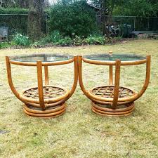 Pair Vintage Bamboo Side Tables Round Rattan End Tables Glass Tops Boho Occasional Tables Cane Bentwood By B Side Table Glass Side Tables Rattan Side Table