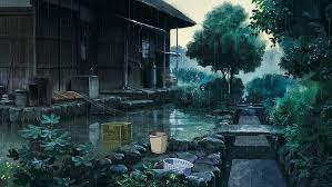Farm full of cherry blossom (anime background). Hd Wallpaper Rain Trees Bucket Anime House Outdoors Wallpaper Flare
