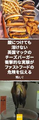 チーズバーガーを使ったこの実験が何百万人ものマクドナルドファンにショックを与えた もう2度と行けないかも マックのハンバーガーは酸につけても溶けない 衝撃的な実験がファーストフードの危険を伝える ファストフードのハンバーガーがお腹の中で消化