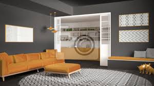 Teppiche schlucken den schall und verleihen einem raum. Minimalistisches Wohnzimmer Mit Sofa Grosser Runder Teppich Und Fototapete Fototapeten Pouffe Appartment Mobliert Myloview De