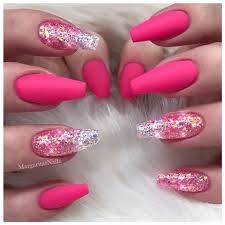 Hot Pink Nails With Glitter Coffin Nail And Manicure Trends Image shared by pink lover.
