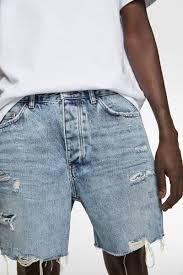 Two to three inches inseam.; Zara Male Ripped Denim Shorts Light Blue 34 Ripped Denim Shorts Mens Shorts Outfits Denim Shorts