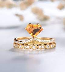 Yellow Citrine Ring Citrine Wedding Ring Set 14k Yellow Gold Etsy Citrine Wedding Ring Yellow Citrine Ring Opal Wedding Rings