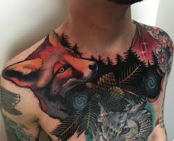 Colorful Fox Forest Night Sky Tattoo By Miryam Lumpini Traditional Chest Tattoo Tribal Sleeve Tattoos Fox Tattoo